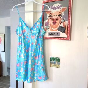 VINTAGE Shiny Satin BUTTERFLIES & Floral Chemise Slip Nightgown L Romantic